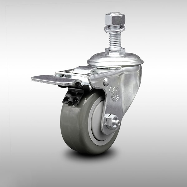 3 Inch SS Gray Polyurethane 12mm Threaded Stem Caster with Total Lock Brake